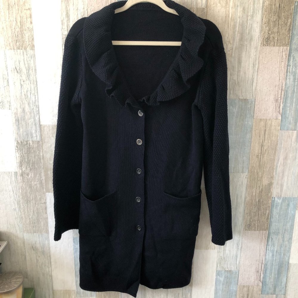 Hand Crafted Merino Wool Ruffled Cardigan Women’s size XL Black